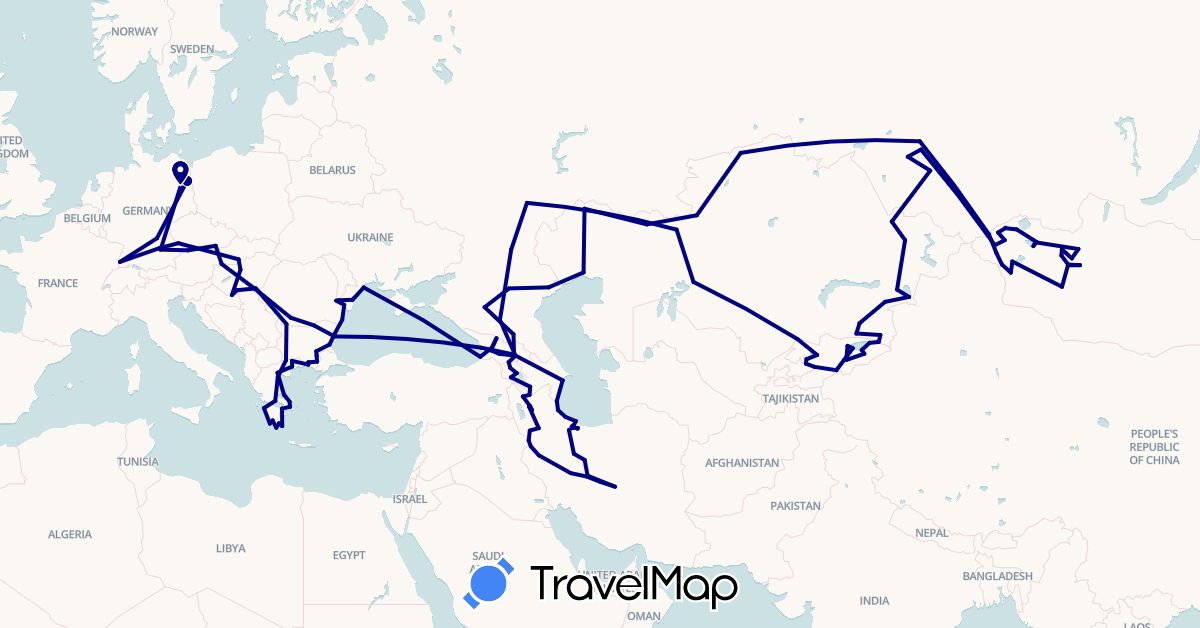 TravelMap itinerary: driving in Armenia, Azerbaijan, Bulgaria, Czech Republic, Germany, Georgia, Greece, Hungary, Iran, Kyrgyzstan, Kazakhstan, Mongolia, Romania, Russia, Slovakia, Ukraine (Asia, Europe)